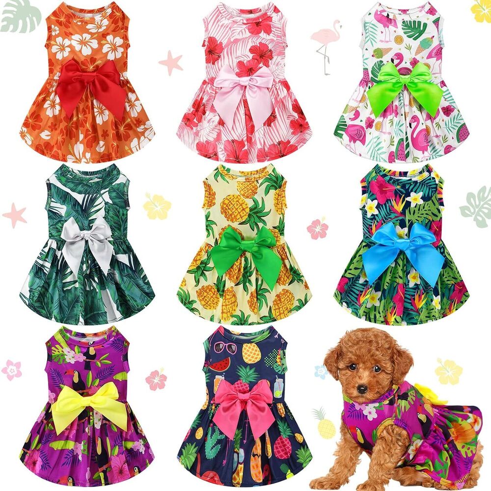 8 Pcs Summer Themed Hawaii Dog Dresses Holiday Flamingo Fruit Floral